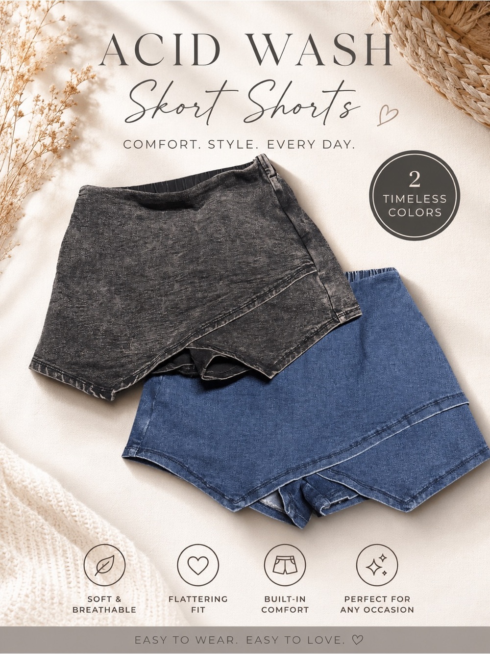 Cross-Front Denim Skort Shorts — Black Wash and Blue Wash